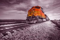 Vibrant Steam Locomotive on Tracks Under Cloudy Sky