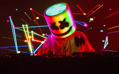 Actuación del DJ Marshmello con espectáculo de luces coloridas en Belgrado