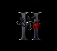 Stylized metallic "H" entwined with a black rose and red petals, set against a black background.