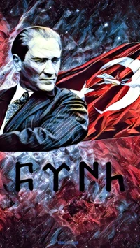 A striking artistic portrayal of Atatürk against a backdrop of the Turkish flag, embodying national pride and identity.