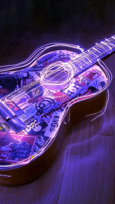 azul, guitarra, música, luces de neón, púrpura