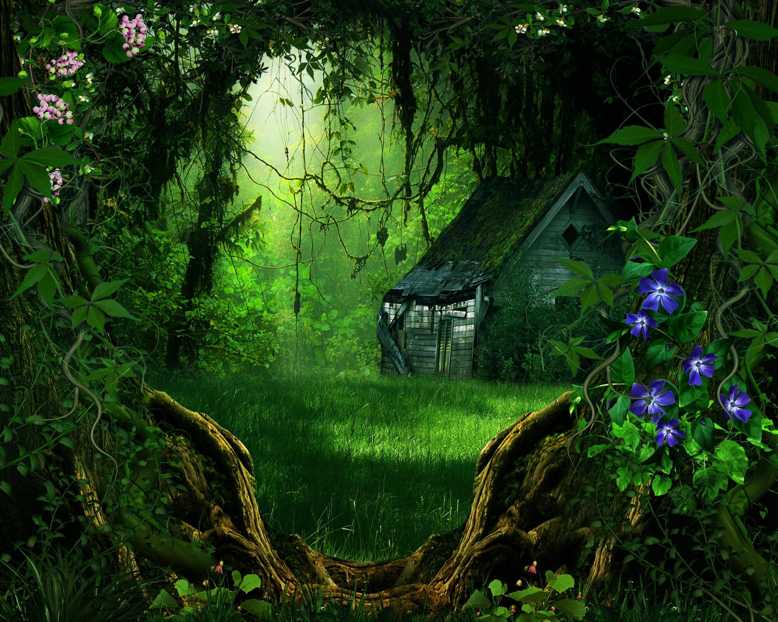 A close up of a tree trunk in a field with a house in the background (cottage, flowers, forest, green, jungle)