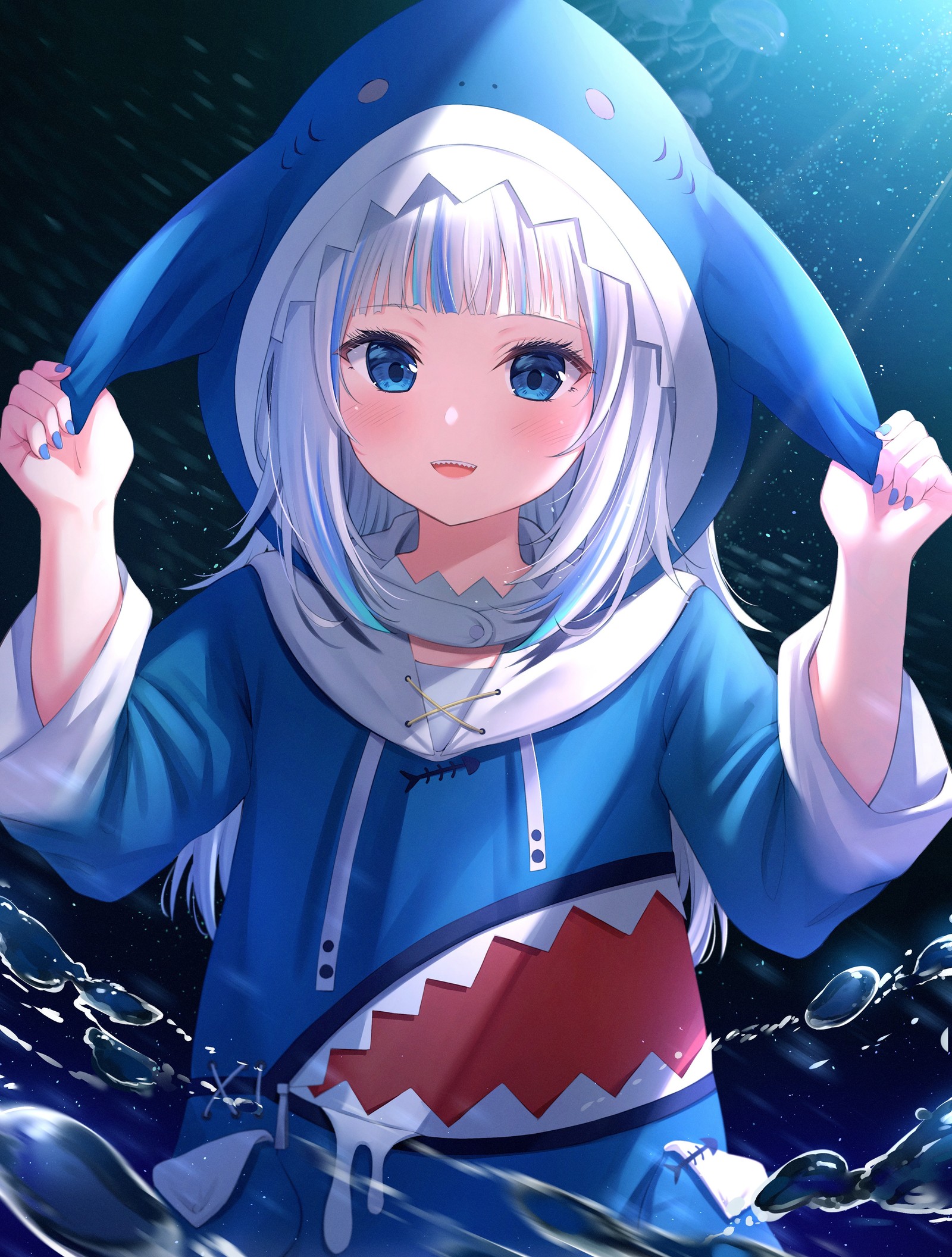 Chica de anime con una sudadera azul de pie en el agua (anime, fantasía, garw, niña, loli)