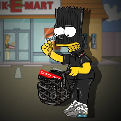 Stilisierter Bart Simpson mit einer Tasche vor dem Kwik-E-Mart - 2017 Tapete