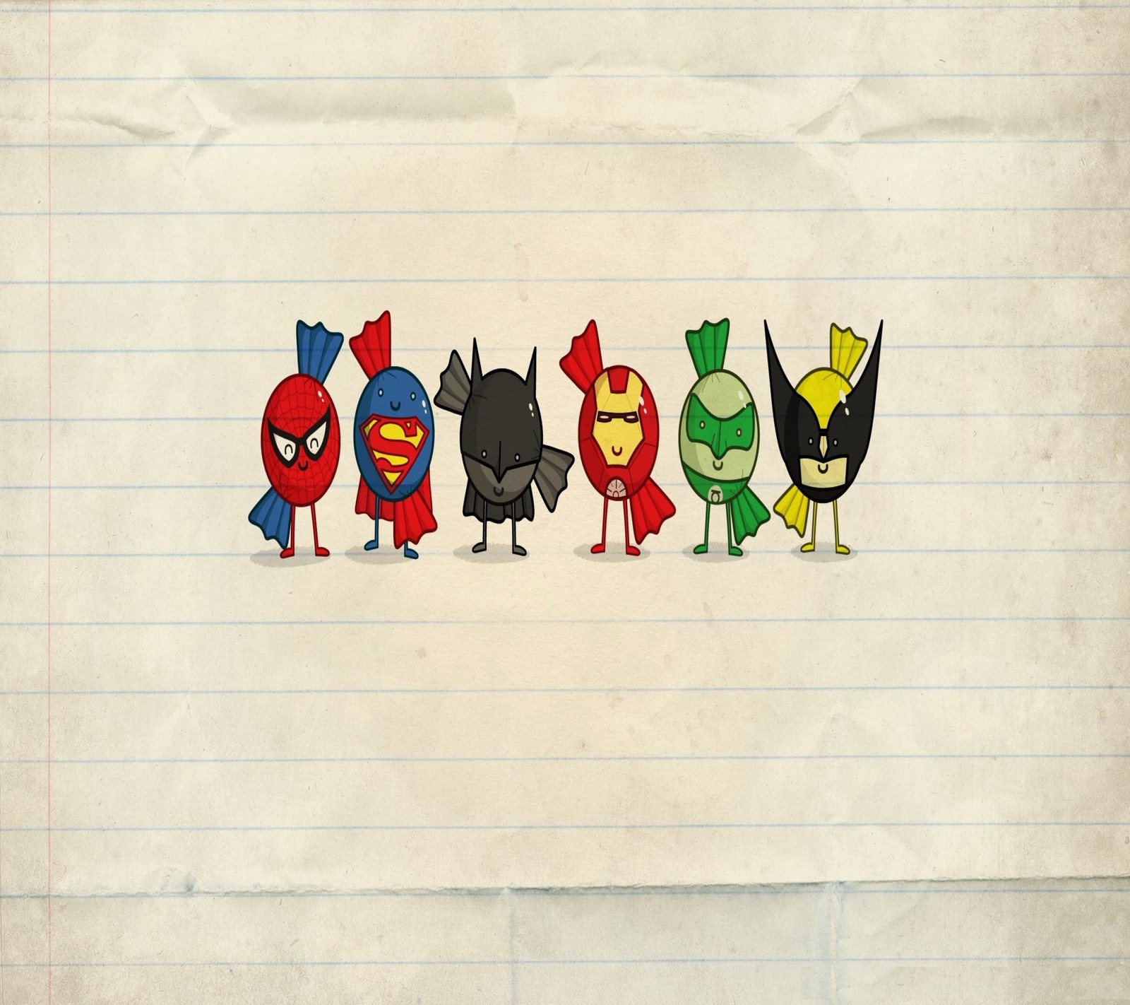 Há cinco pássaros de cores diferentes em uma folha de papel pautado (batman, lanterna verde, ironman, homem aranha, spiderman)