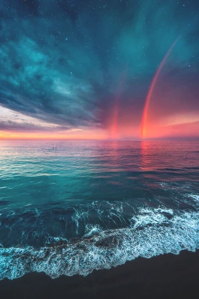 terre, coucher de soleil, ciel, arc en ciel, océan