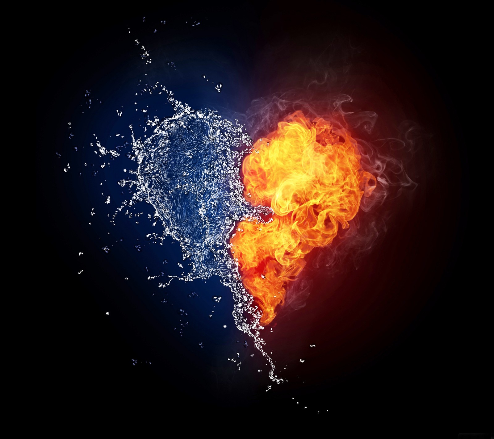 Eine nahaufnahme eines herzens aus feuer und wasser auf schwarzem hintergrund (abstract heart, fire water love, hd, liebesherz)