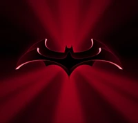 Logo stylisé de Batman sur un fond rouge foncé