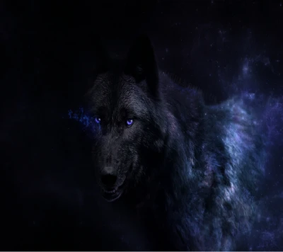 Loup noir mystique avec des yeux bleus brillants sur un fond cosmique