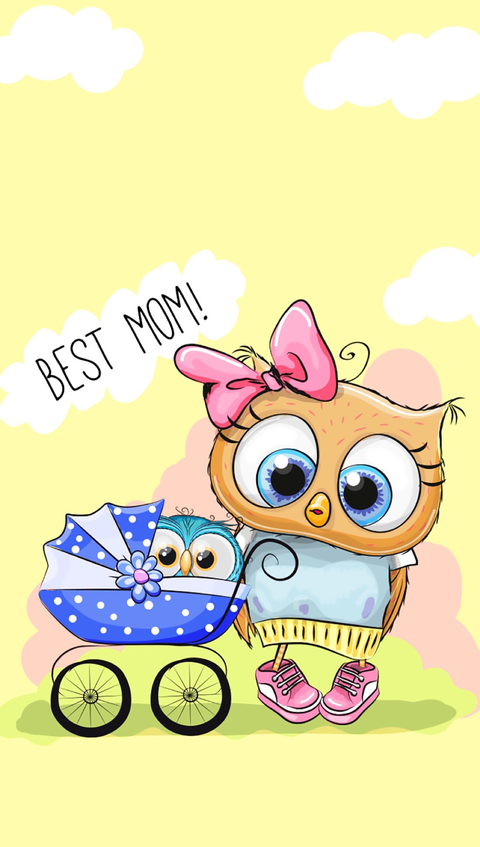 Cartoon owl with a baby carriage and a baby girl (mom, mothers day)