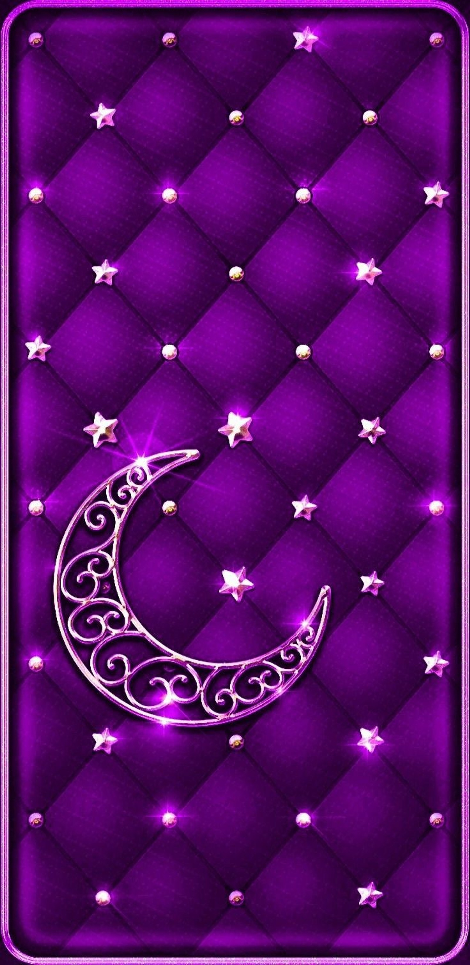 Un fond violet avec un croissant et des étoiles (lune, violet, bling, diamants)