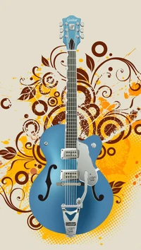 Vibrant Blue Guitar with Artistic Swirls and Floral Elements