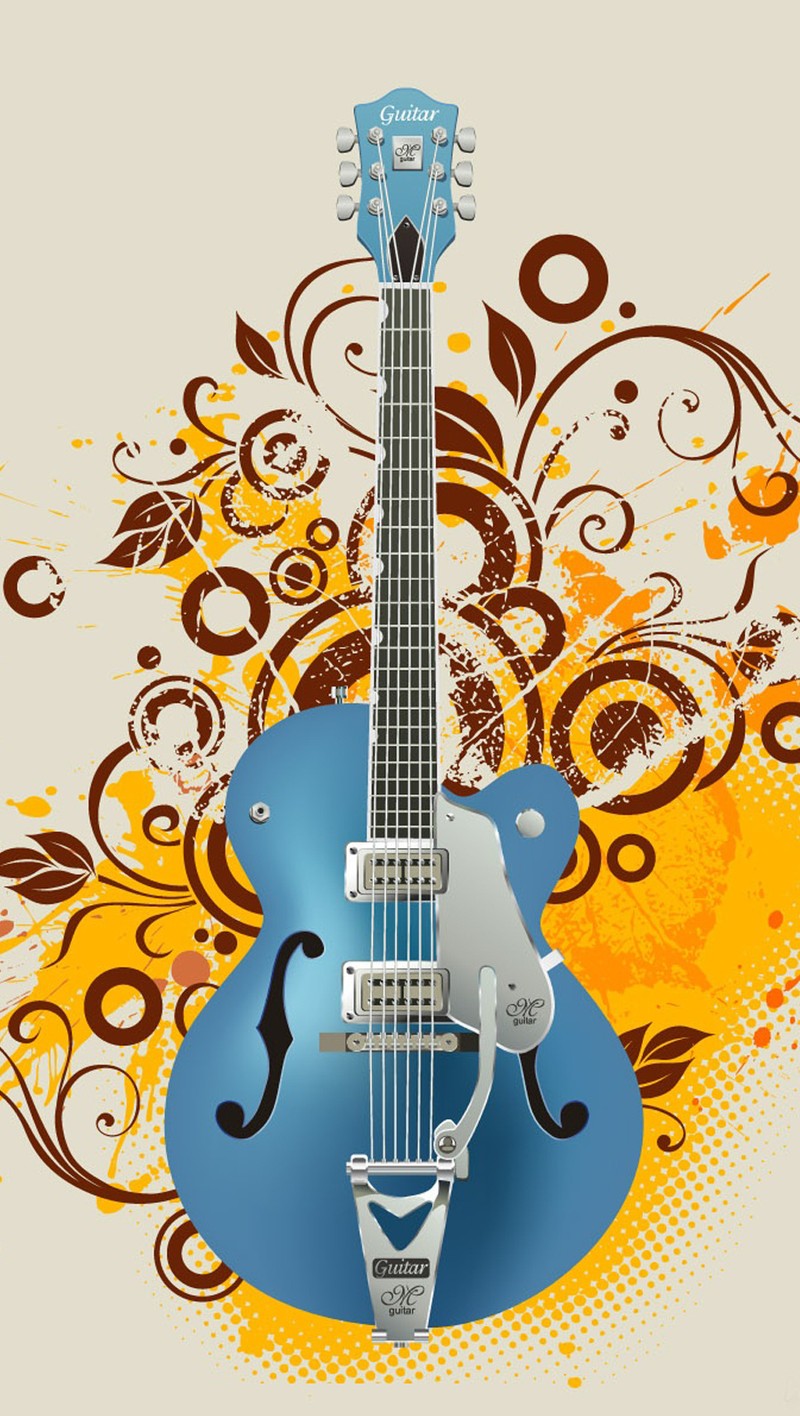 Há uma guitarra com um corpo azul e um braço marrom (azul, música)