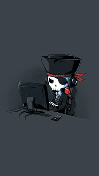 Esqueleto pirata digital con loro en la computadora