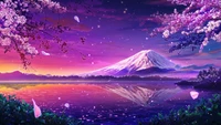 Pôr do sol sereno sobre o monte Fuji com flores de cerejeira