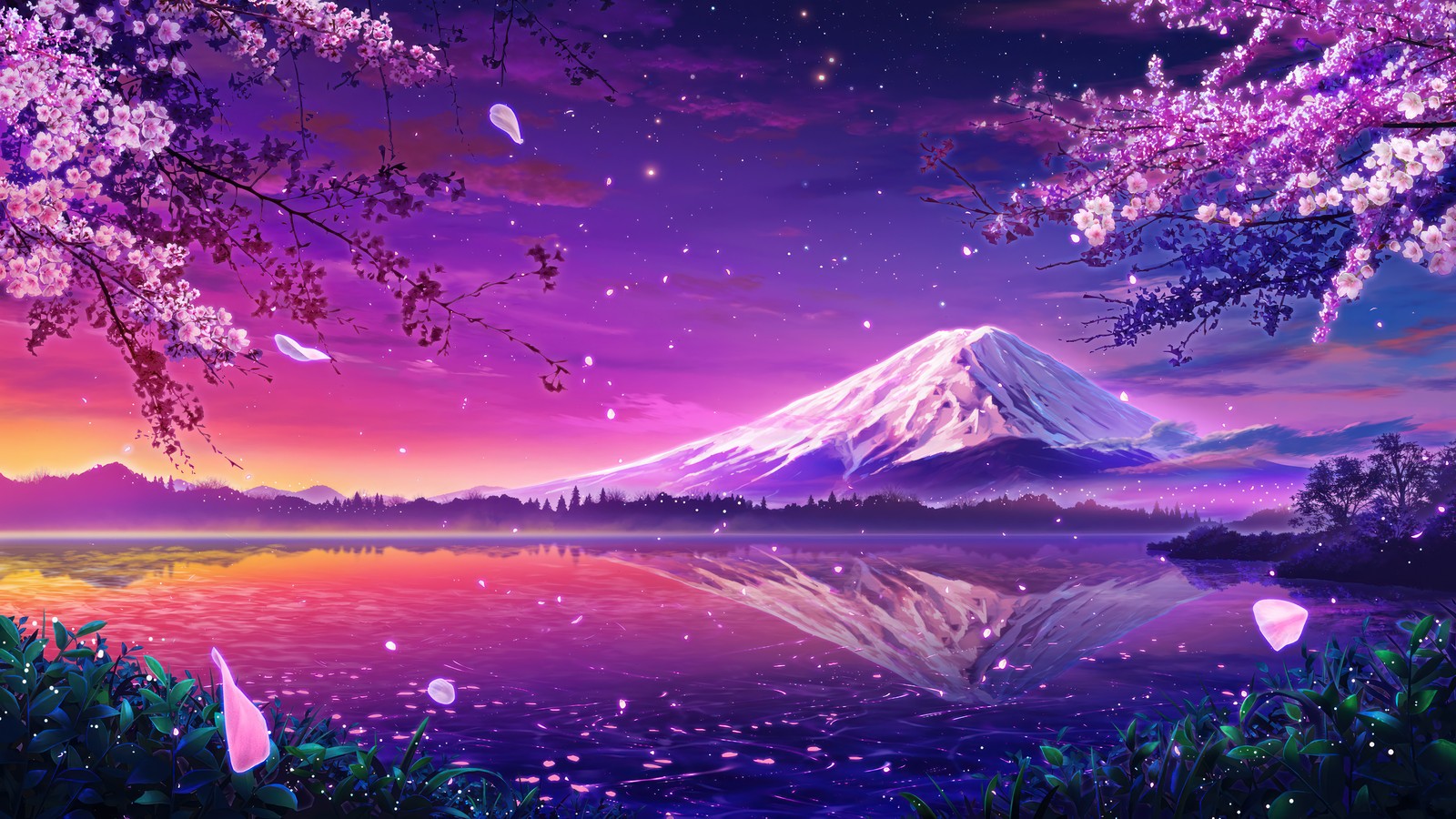 mount fuji, cherry blossom, scenery, art wallpaper