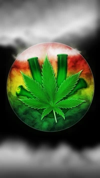 A vibrant cannabis leaf surrounded by laboratory glassware, set against a colorful gradient background.