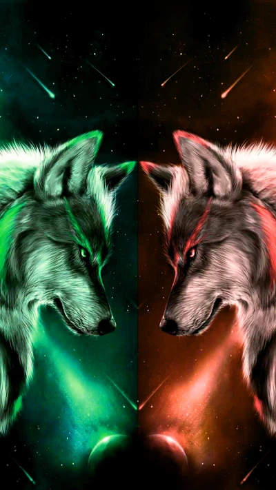 wolf, orange, green