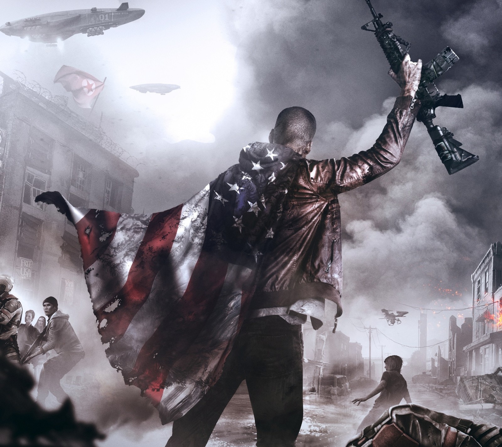 Imagem de um homem segurando uma arma na frente de uma cidade destruída (ethan brady, homefront, a revolução)