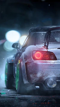 Dynamic Nighttime Drift: A Modified Car with Green Wheels