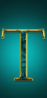 Decorative Golden Letter T on a Green Background