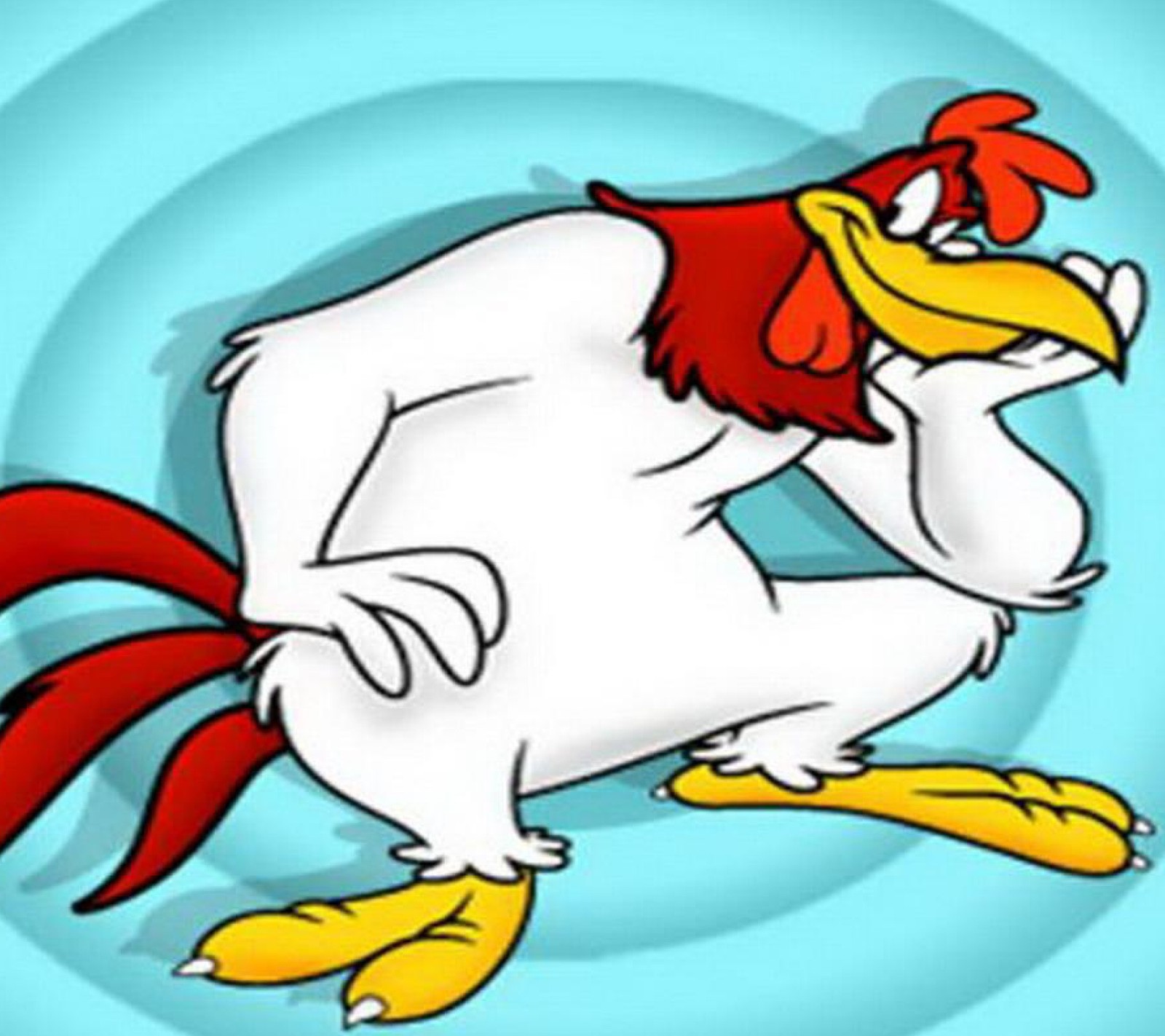 Un pollo de dibujos animados con cabeza roja y pies amarillos (dibujos animados, foghorn leghorn)