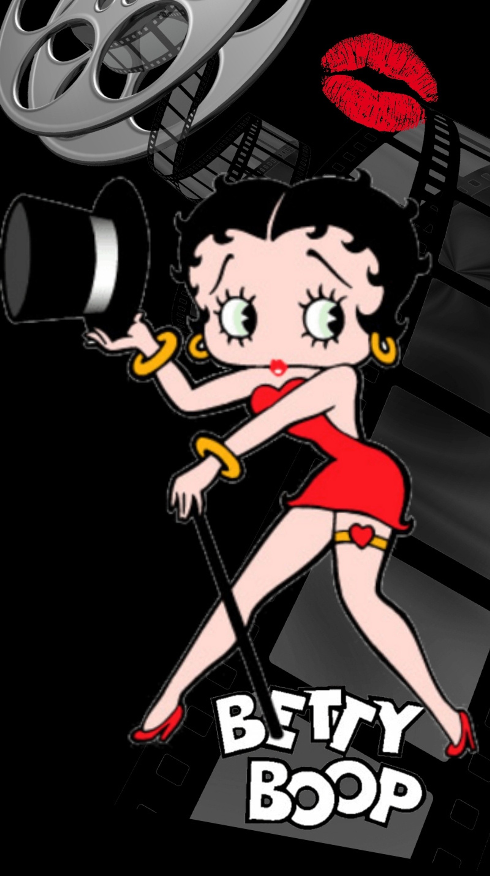 Betty boop es un personaje de dibujos animados con una cámara y un carrete de película (negro, película)