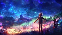 Anime Silhouette Against a Starry Sunset Sky