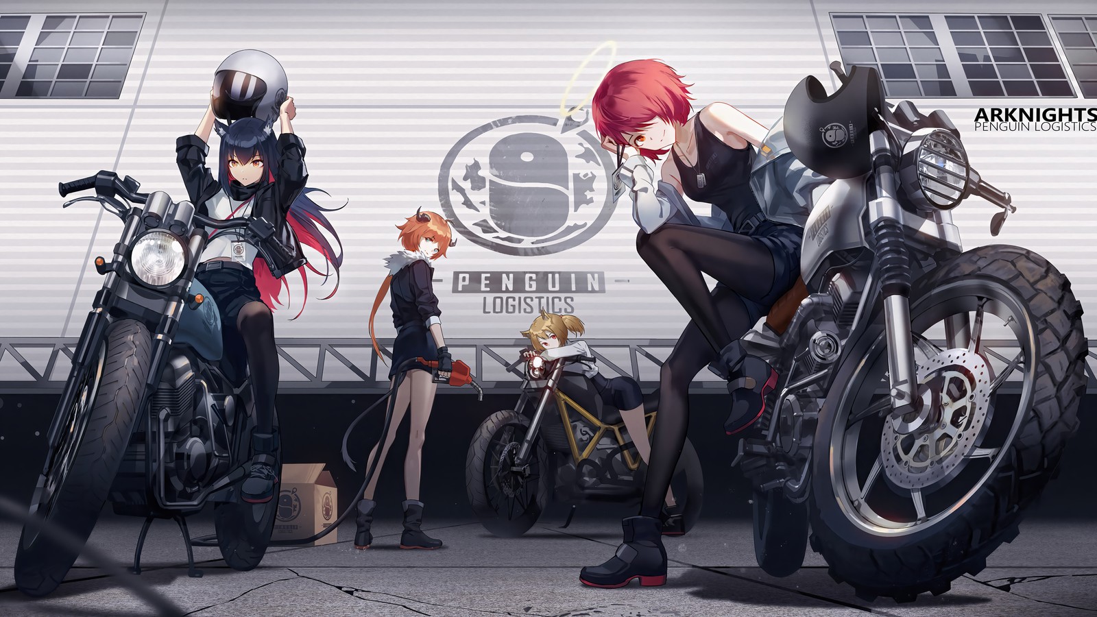 Personagens anime de pé ao lado de motocicletas em frente a um trailer (meninas de anime, motociclista, motocicleta, arknights, jogo de vídeo)