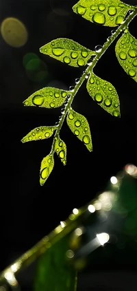 Close-Up of Dew-Covered Green Leaves on a Twig