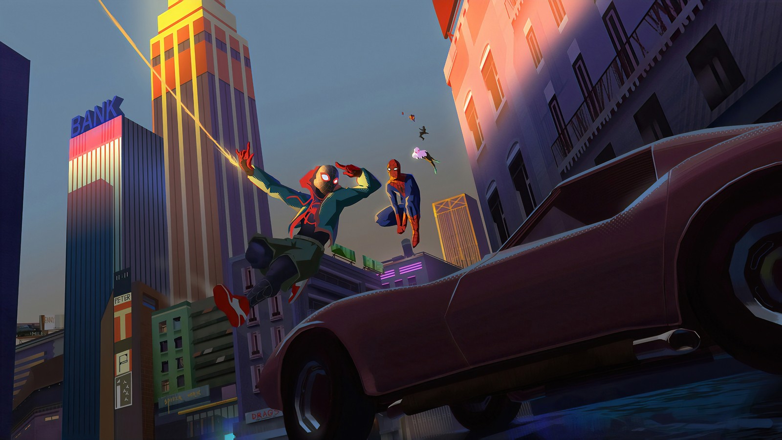 Spider-man et ses amis volent dans la ville (spider man, miles morales, spider man new generation, spider man into the spider verse, film)