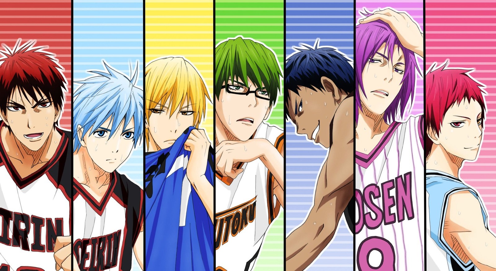 Eine gruppe von anime-charakteren mit verschiedenen haarfarben (kurokos basketball, tetsuya kuroko, anime, freundschaft, fiktion)