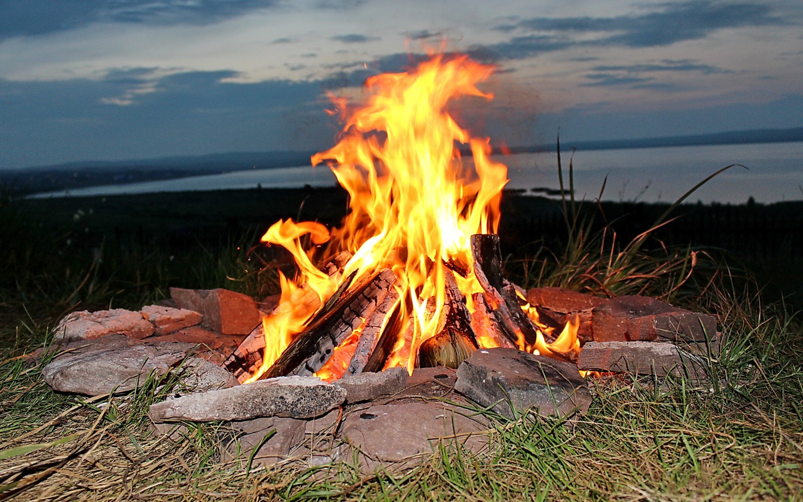 Hay un fuego que arde en la hierba junto al agua (fuego, fogata, calor)