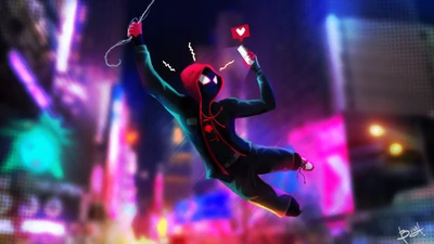 Miles Morales balanceándose a través de un vibrante paisaje urbano, sosteniendo un teléfono con un ícono de corazón, encarnando el espíritu de "Spider-Man: Un nuevo universo".