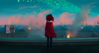 Vibrant Cartoon Landscape: A Red-Caped Figure Overlooks a Magical, Smoky Horizon