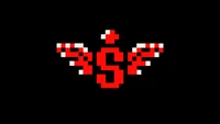 Retro Pixel Art: Winged Dollar Sign on Black Background