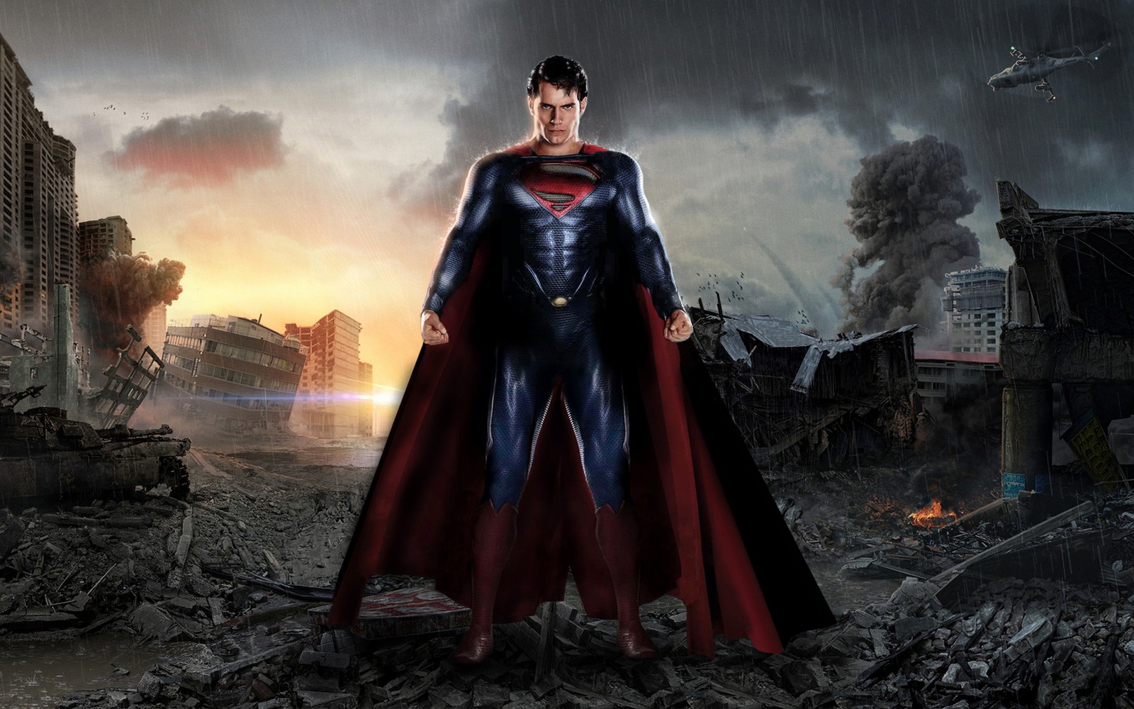 Superman dans une ville détruite avec une ville en arrière-plan (superman, ligue de justice, justice league, super héros, obscurité)