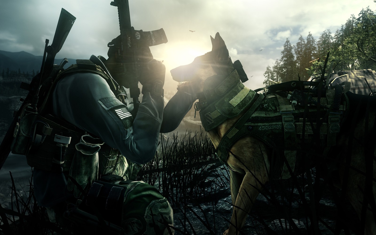 A close up of a person with a dog near a field (call of duty ghosts, infinity ward, activision, shooter game, pc game)