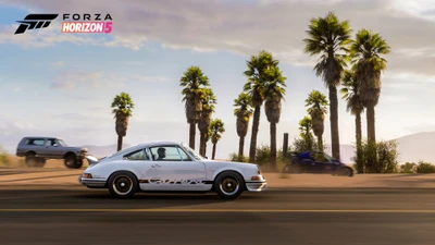 Voitures classiques courant à travers des palmiers ensoleillés dans Forza Horizon 5