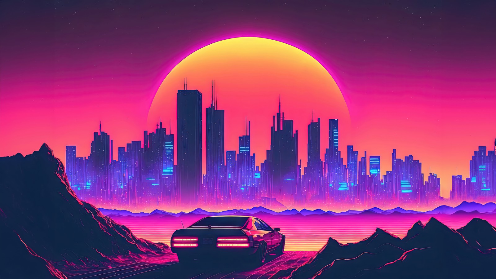 car, futuristic, city, sunset, synthwave wallpaper