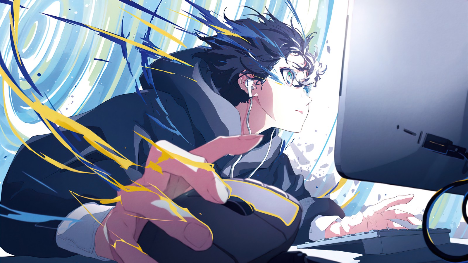 Anime guy with glasses sitting in front of a computer screen (anime, boy, gamer, playing, computer)