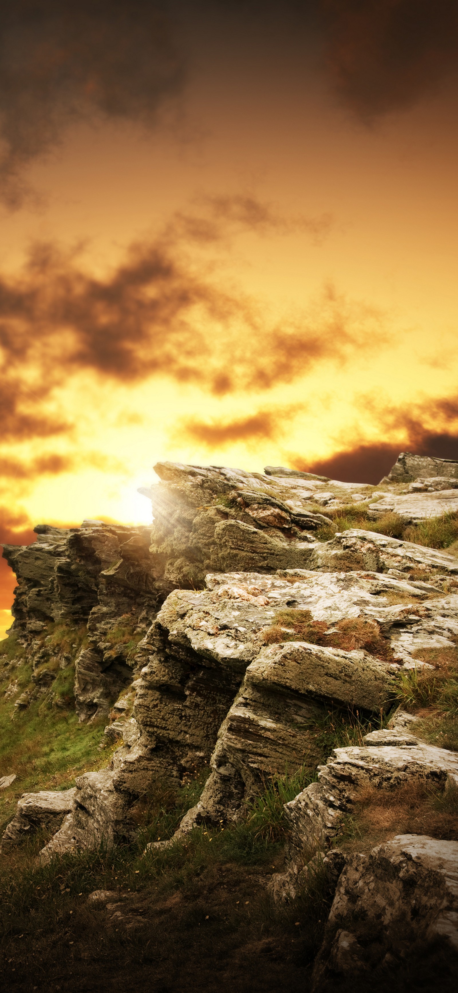 There is a sheep standing on a rocky hill with a sunset in the background (cloud, atmosphere, wood, bedrock, natural landscape)