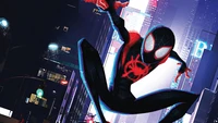 Miles Morales in action, swinging through a vibrant cityscape from "Spider-Man: Into the Spider-Verse.