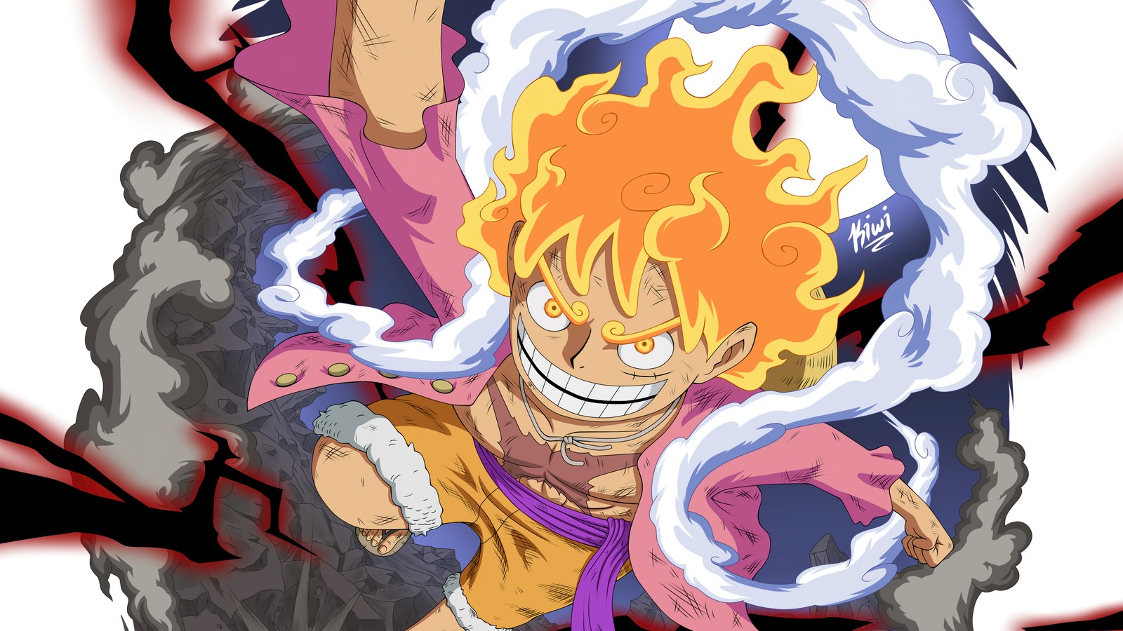 Une image de dessin animé d'un homme avec une très grande tête et un grand sourire (monkey d luffy, équipement 5, gear fifth, dieu du soleil, nika)