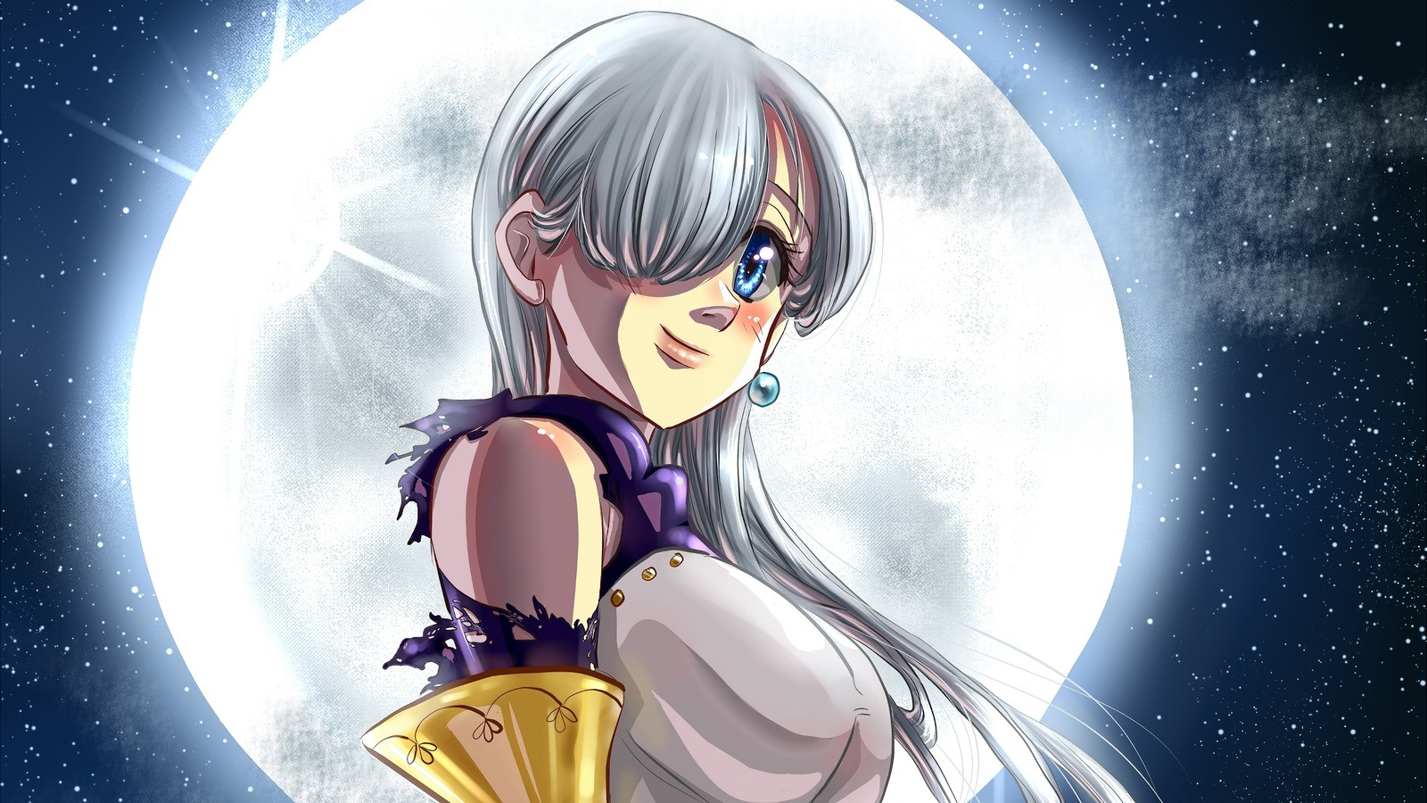 Fille d'anime avec de longs cheveux blancs et des yeux bleus se tenant devant une pleine lune (elizabeth liones, nanatsu no taizai, les sept péchés capitaux, the seven deadly sins, anime)