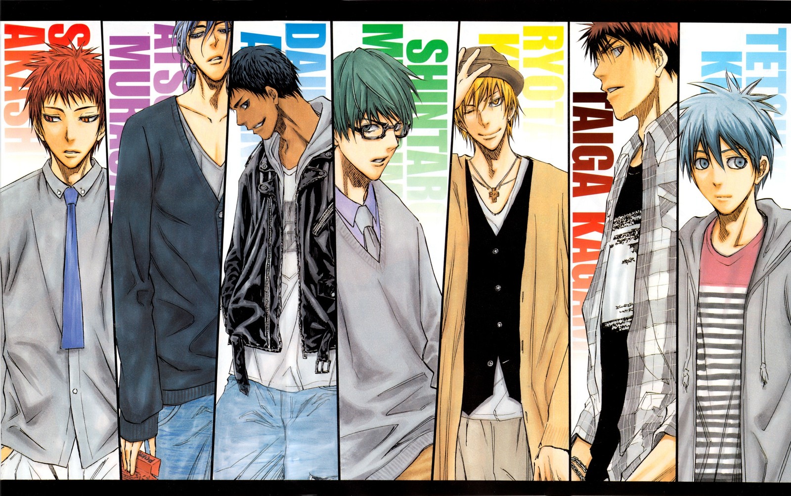 Eine gruppe junger männer steht nebeneinander vor einem regenbogenhintergrund (tetsuya kuroko, kurokos basketball, anime, wong, fiktion)