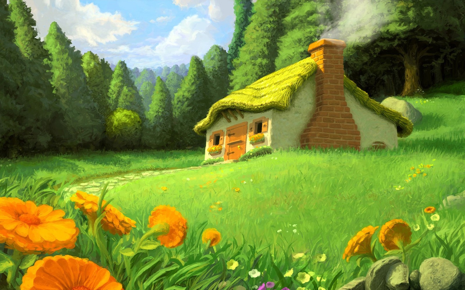 Pintura de una pequeña casa en un campo de flores (naturaleza, pradera, pintura, pasteo, niño)