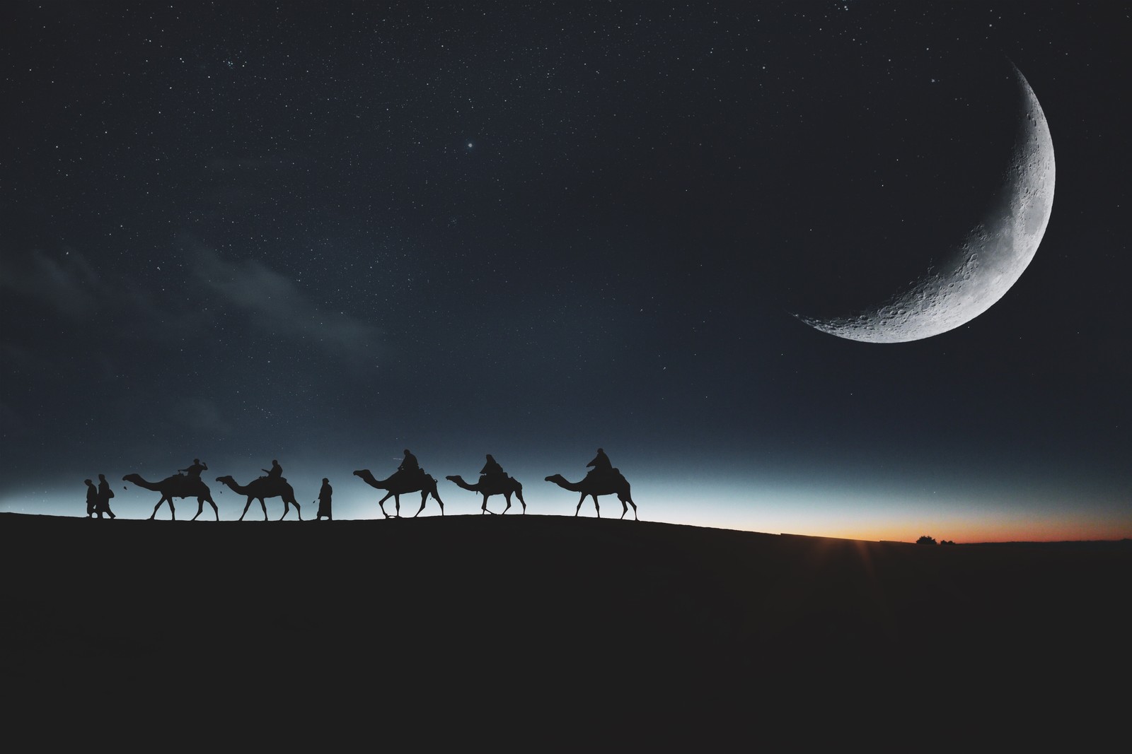 Um grupo de pessoas montando em camelos no deserto (camelos, silhueta, lua, fundo escuro, céu noturno)