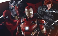 Dynamische Versammlung ikonischer Superhelden: Iron Man, Spider-Man, Vision und Black Widow