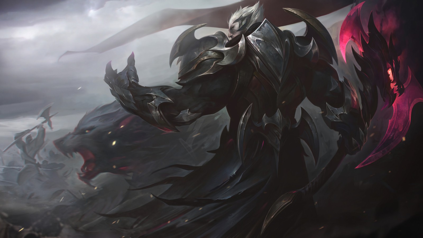 A close up of a demonic looking creature with a sword (god king, darius, skin, splash art, lol)